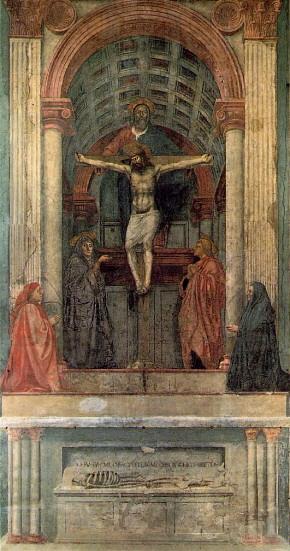 Trójca Święta, Tommaso di Ser Giovanni di Simone (Masaccio), 1425-1428, Santa Maria Novella we Florencji Trójca Święta, Tommaso di Ser Giovanni di Simone (Masaccio), 1425-1428, Santa Maria Novella we Florencji